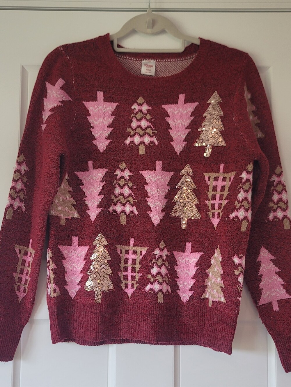 Holiday Time Burgundy Sweater with Pink & Gold Tree Motif